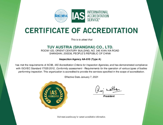 TÜV AUSTRIA Shanghai: Certificate of ISO 17020 Accreditation 