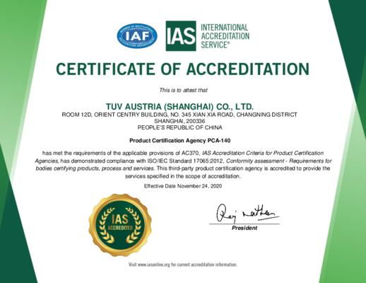 TÜV AUSTRIA Shanghai: Certificate of IEC/ISO 17065 Accreditation 