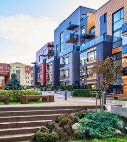 Modern,Complex,Of,Apartment,Residential,Buildings.,With,Staircase,,Fountain,,And