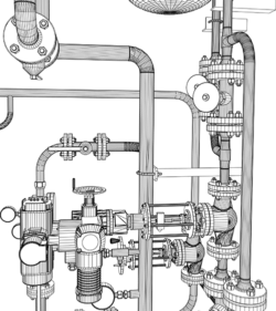 Illustration der Ausrüstung für Heizanlagen mit Rohren auf Weiß, Nahaufnahme, (C) Shutterstock, cherezoff