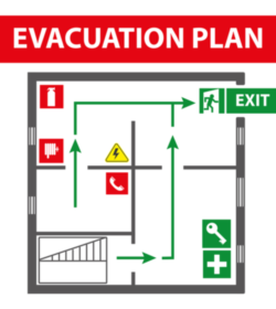 Zeichen für den Evakuierungsplan des Gebäudes im Falle eines Brandes oder eines gefährlichen Vorfalls. Einfache Elemente, um die Sicherheit und den Schutz der Arbeitsproduktion zu gewährleisten. Symbole für Brandsicherheit. (C) Shutterstock, Simple EPS